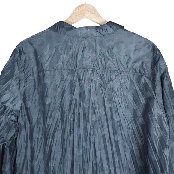 Sun Kim Womens Tunic Blouse M Grey Pleated Polka Dot Button Down Artsy Boho Chic - Picture 10 of 13